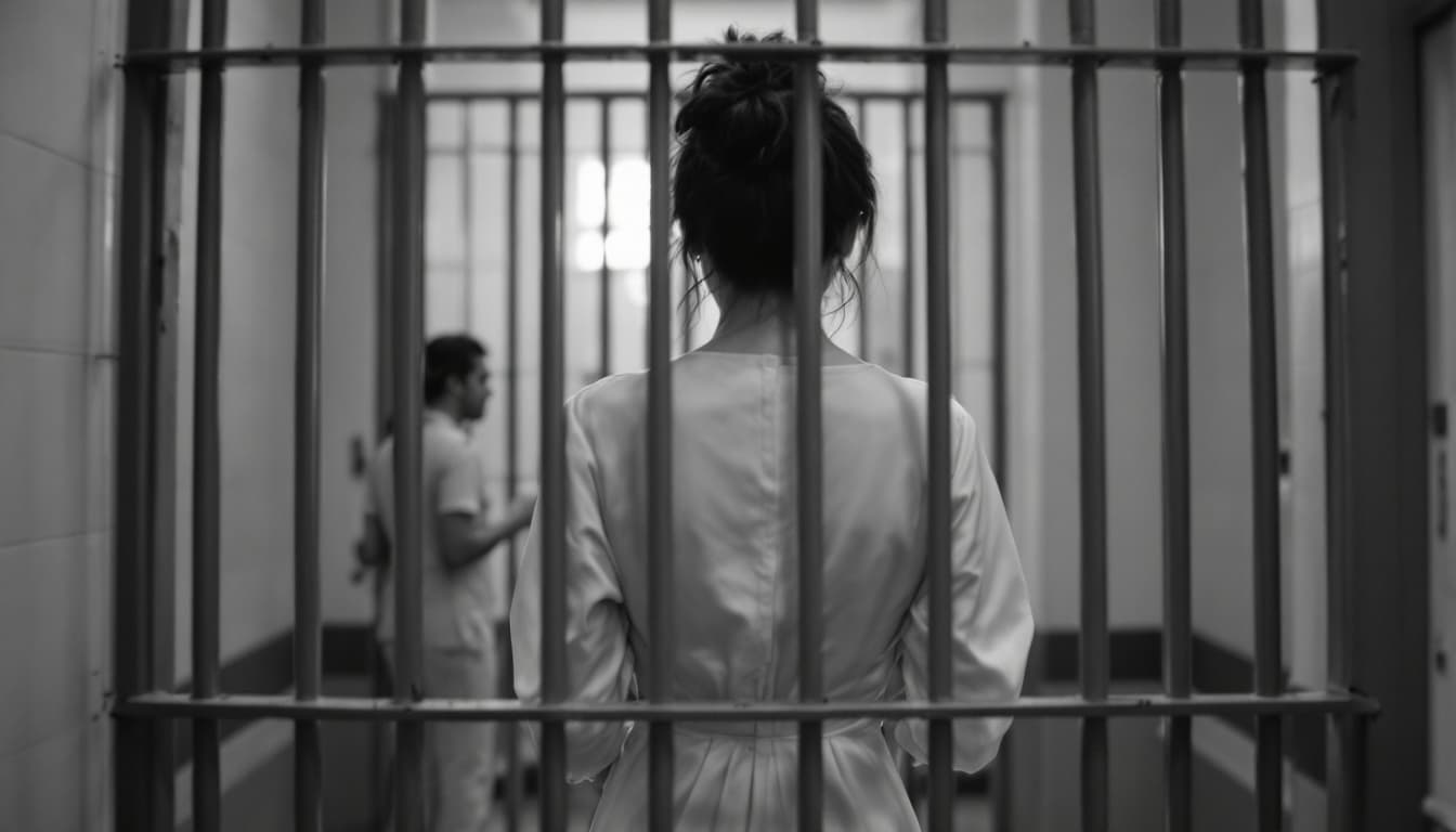 AI generated:  high definition black n white - camera shot from behind- woman in white gown behind the bars in a j...