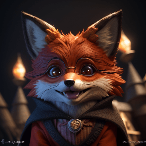 AI generated: cute foxy magic harry potter style smiling funny comical set in hogwarts caricutre style close up, i...