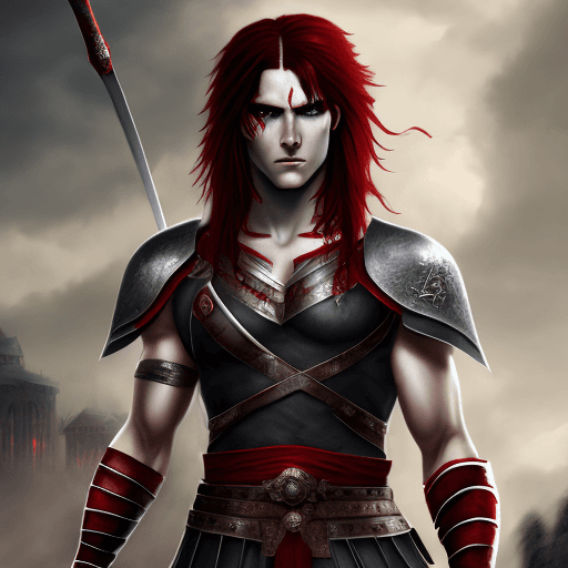 AI generated: A beautiful gladiator youth man with a sword with red eyes and black hair, white skin, with a woman ...