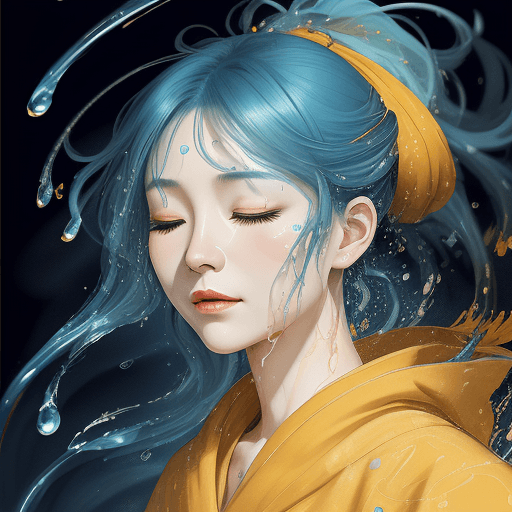 AI generated: a mam with blue hair with eyes closed, in the style of the stars art group (xing xing), yellow and o...
