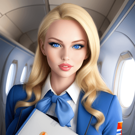 AI generated: Woman, looking at camera, big lips, air stewardess, blonde, shiny
, blue eyes