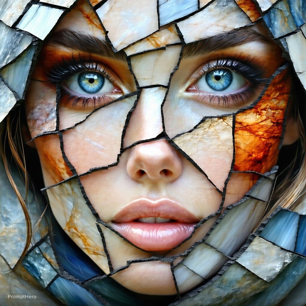 AI generated: A close-up portrait of a woman's face in a mosaic collage style. The woman is facing forward symmetr...