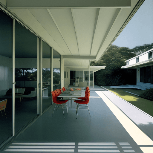 AI generated: Hyper realistic eye level exterior photo of a mid century modern style house overlooking the ocean, ...