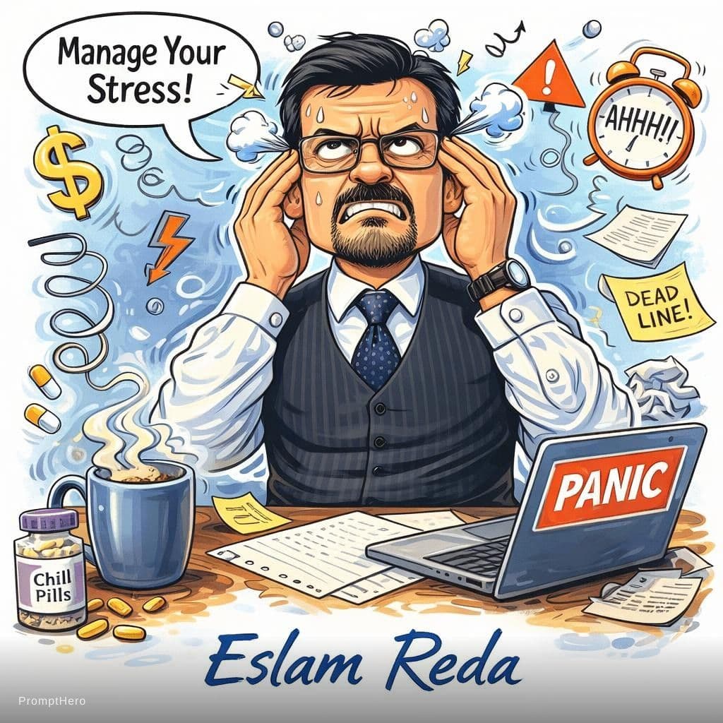 AI generated: Caricature, stress management, humoristic