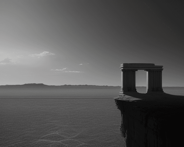 AI generated: Monumental structures, implied elevated, distant perspective, focusing on the depth and scale, and t...