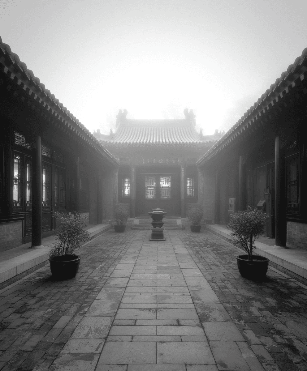 AI generated: Chinese Siheyuan courtyard house, Beijing, symmetrical, enclosing walls, central courtyard, ancestra...