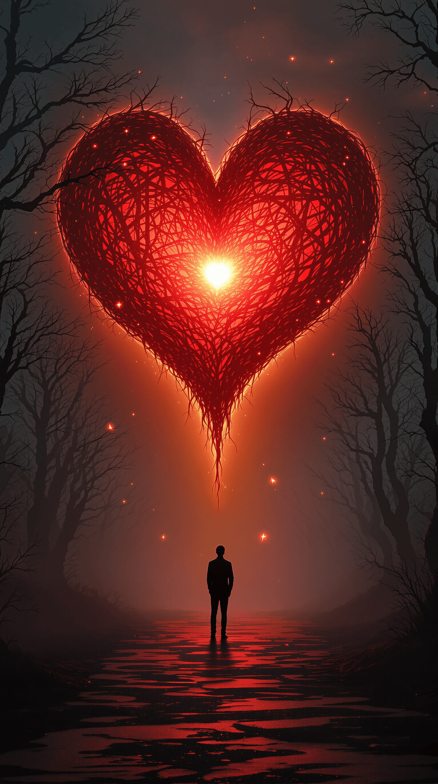 AI generated: A surreal and cinematic scene featuring a lone silhouetted figure standing at the base of a dark, fo...