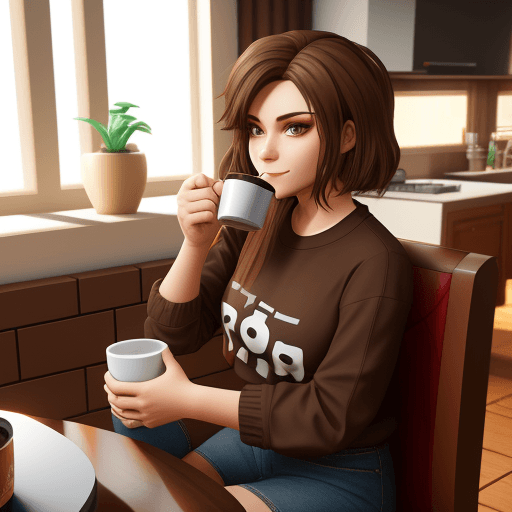 AI generated: roblox character sitting down drinking coffee
 in a house, brown hair, aesthetic clothing


