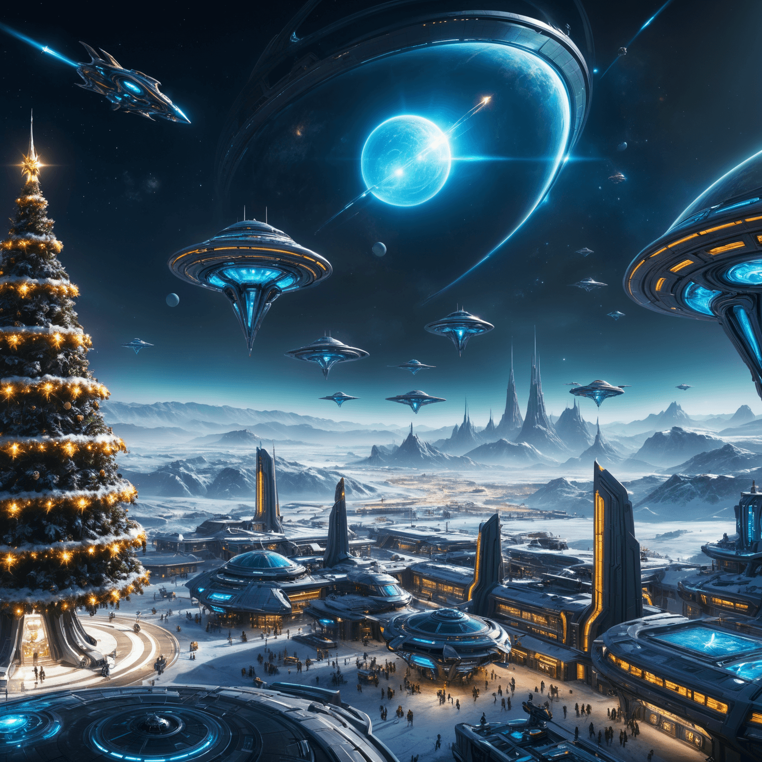 AI generated: Snowy winter, The futuristic city is twinkling with lights in a Christmas atmosphere, ((a large Chri...