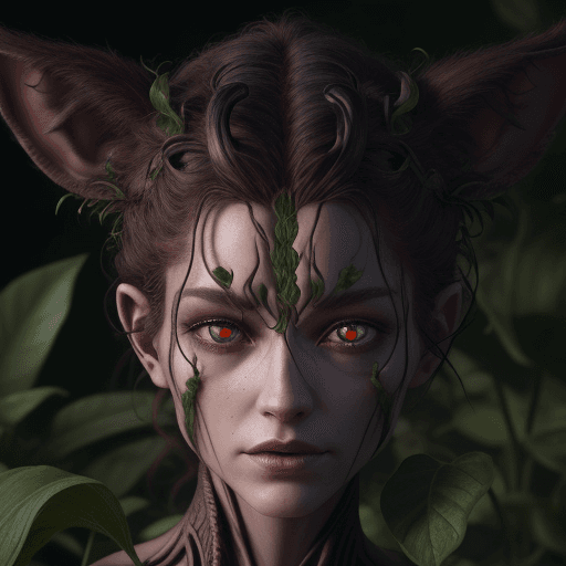 AI generated: Humanoid with two pair of eyes, four ears, flourishing plant hair ultra-realistic, dramatic lighting