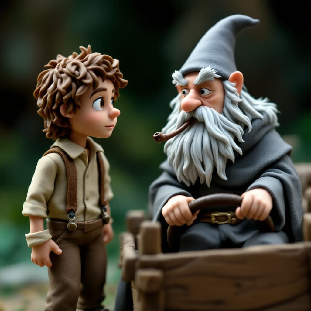 AI generated: Two plasticine figures of Frodo and Gandalf from Lord of the Rings. They are traveling by wagon to H...