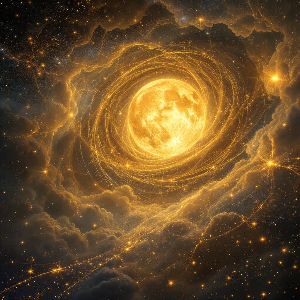 AI generated: Crearion of 
The univers that word love is written in the middel of that,gold and gold hue


