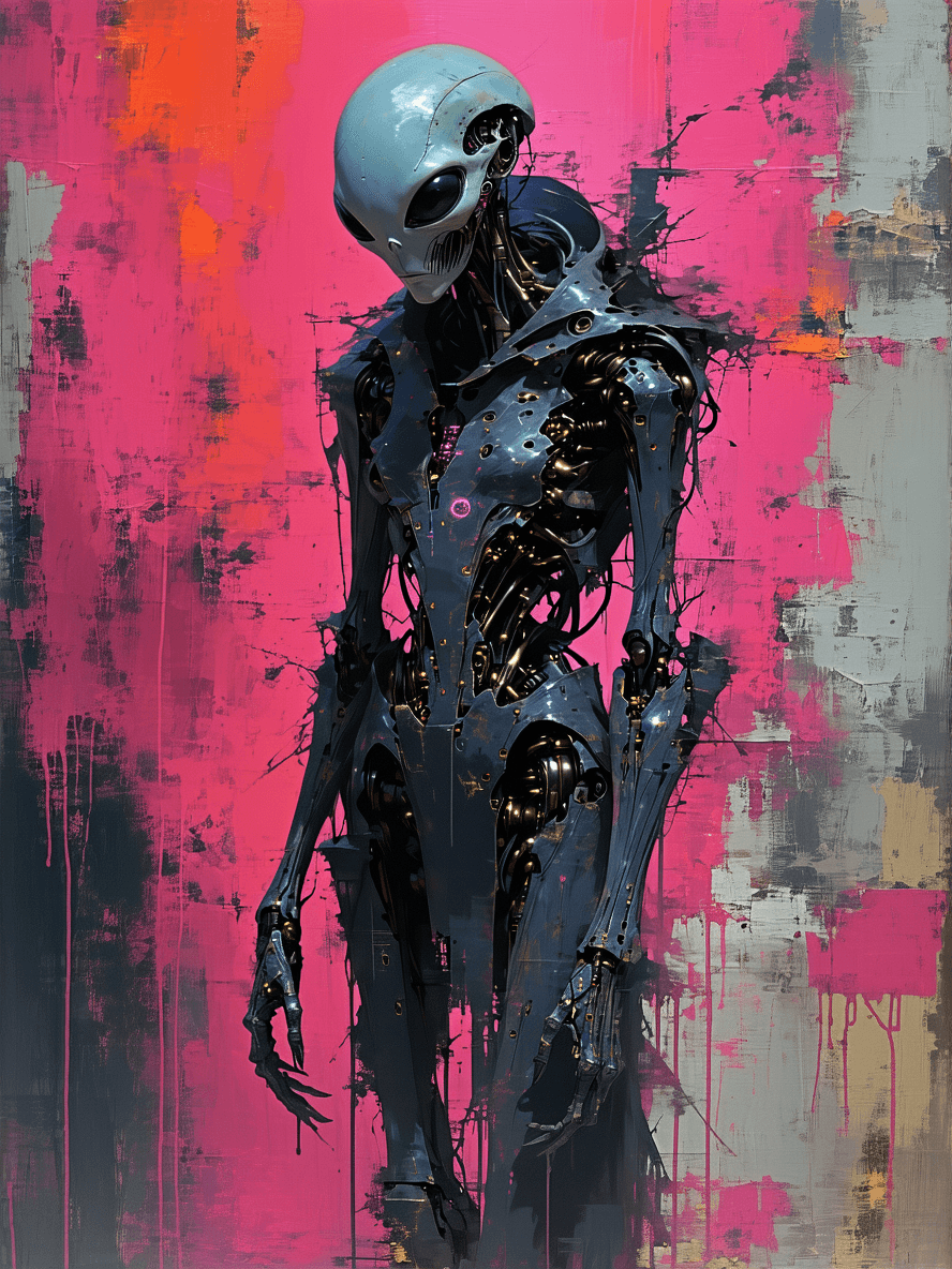 AI generated: Create a terrifying random distressing image as a mixed media artwork. Create a full length  image o...