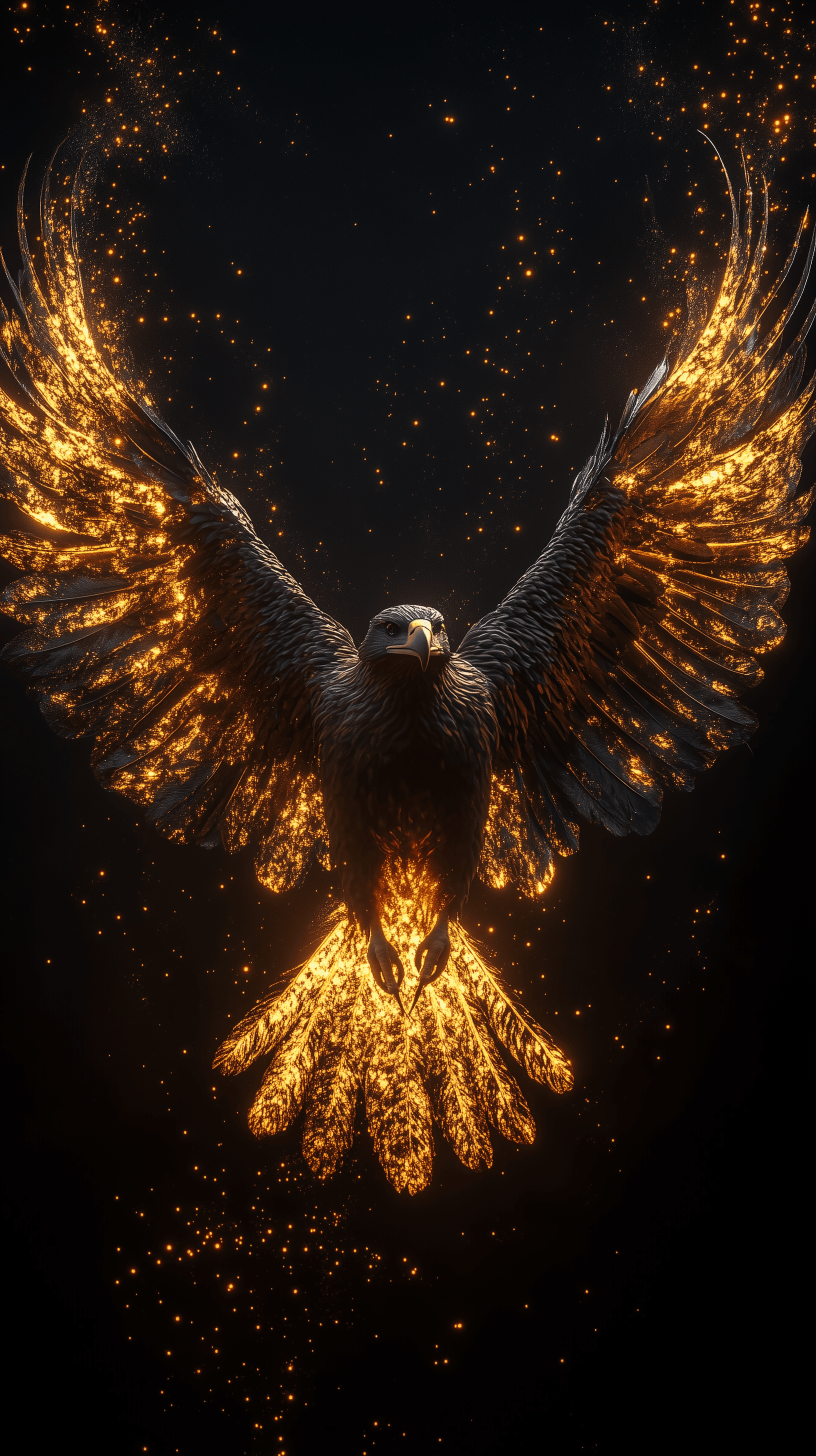 AI generated: Golden Eagle with Expanded Wings against a black canvas, in 5D Rendering, Sharp Details, Cinematic L...