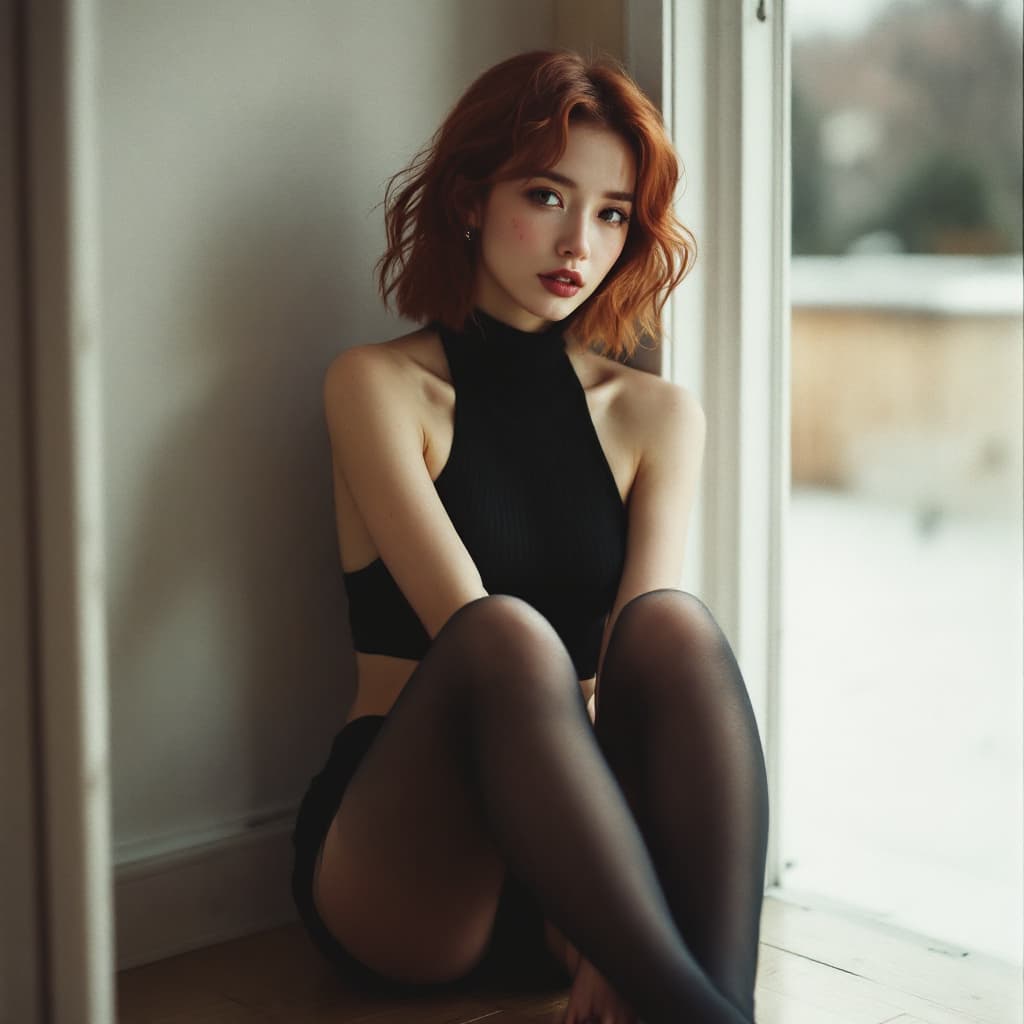 AI generated: a Japanese women,photo, a cute Asian woman, oily, sitting pose, on wood flooring the corner, cottage...