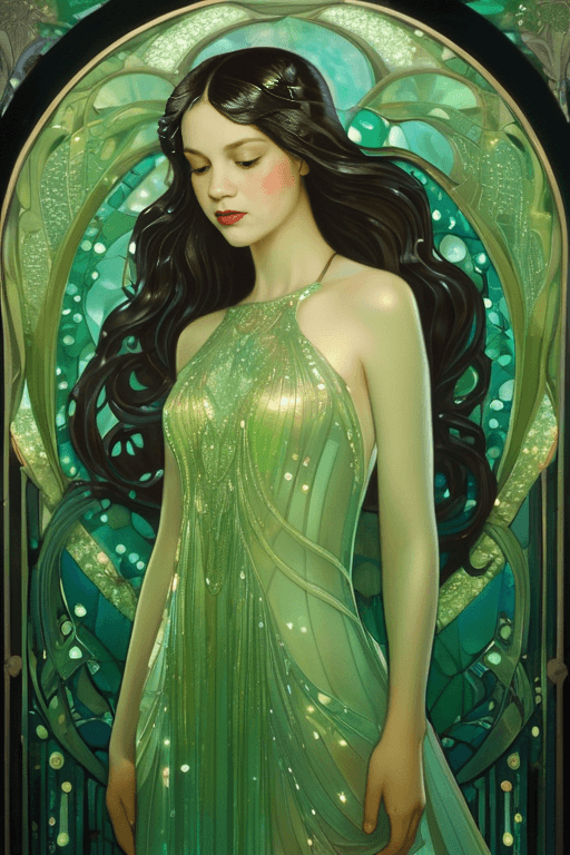 AI generated: (art nouveau:1.5) (realistic) oil on canvas, painting with art nouveau stylized Cthulhu behind the w...