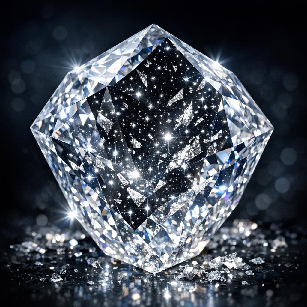 AI generated: a brilliant crystal made of diamond with shards of platinum flakes through out it like stars in the ...