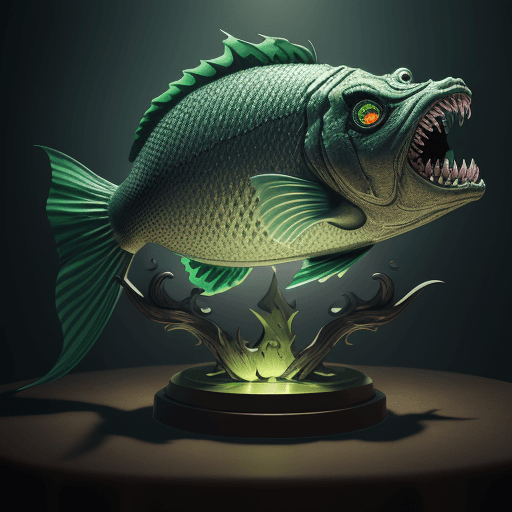 AI generated: Fish devil monster on the table with the design and character of Hulk The fish is gold and Green dar...