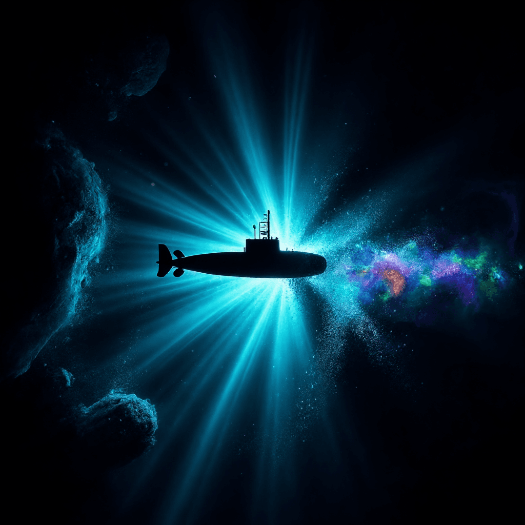 AI generated: A cinematic, three-quarter view of the Trieste bathyscaphe, a deep-sea exploration vessel descending...