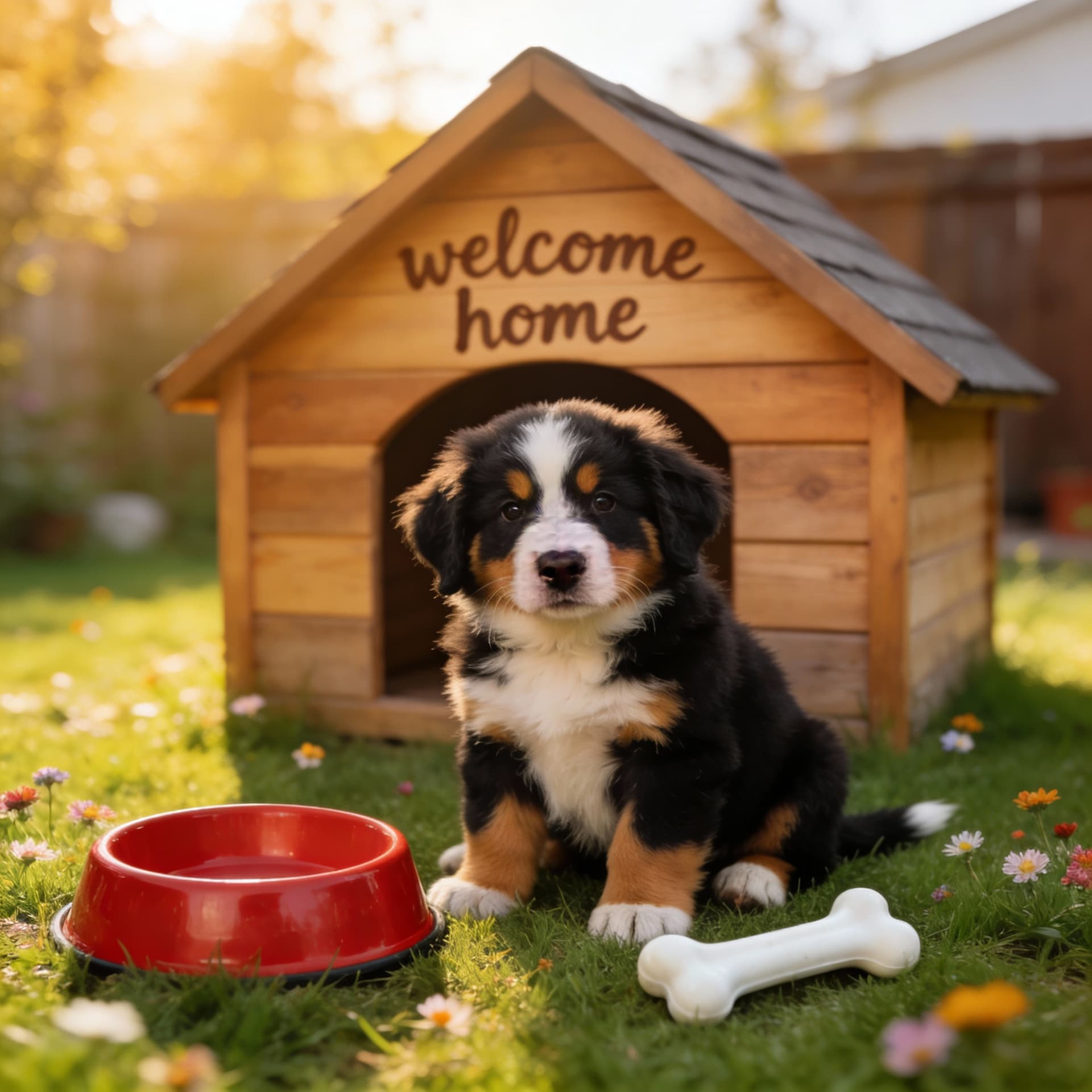 AI generated: create an image of a baby bernese mountain dog outside in the yard sitting with a dog house in the b...
