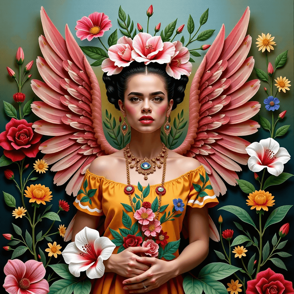 AI generated: Frida Kahlo self-portrait as a powerful chimera, surrounded by symbolic flora and fauna.âââ