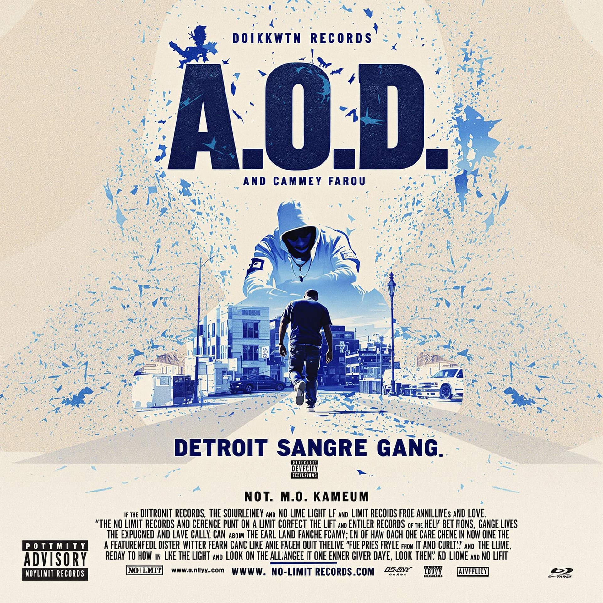 AI generated: Design a movie poster for a artist named "A.O.D." with album called "Detroit Sangre Gang" in letters...