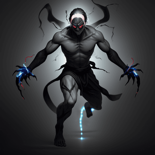 AI generated: man with ash color body, glowing shuriken like figure through forehead covering eyes and nose, hands...