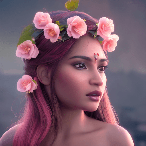 AI generated: beautiful  girl, indian skin, beautiful roses on head, pink cherry blossom in background, close angl...