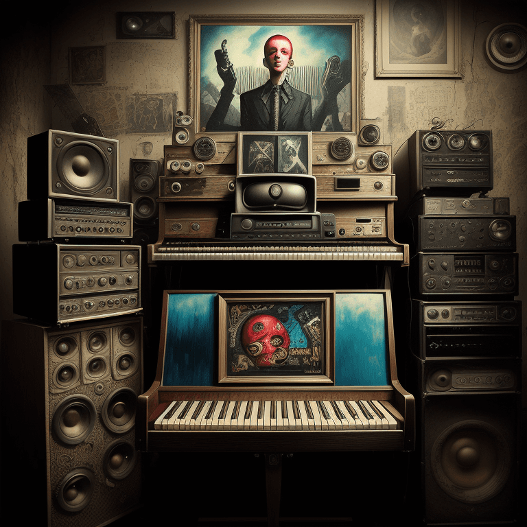 AI generated: music Album cover picture, punk, surreal art, oil picture, radio, speaker, computer, piano, organ, r...