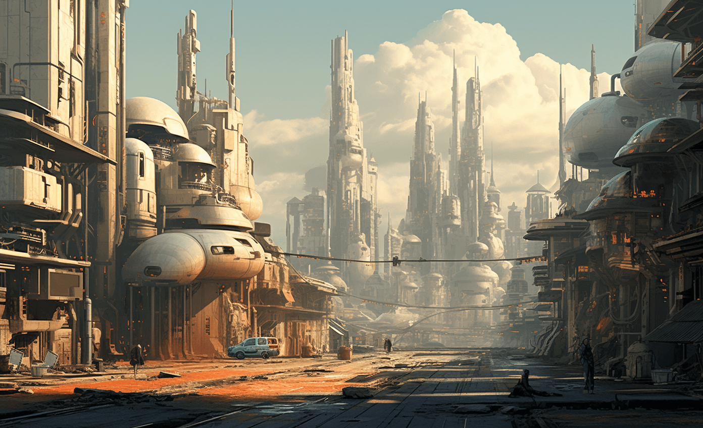AI generated: an artist's rendering of a city with lots of tall buildings, in the style of wong kar-wai, monumenta...