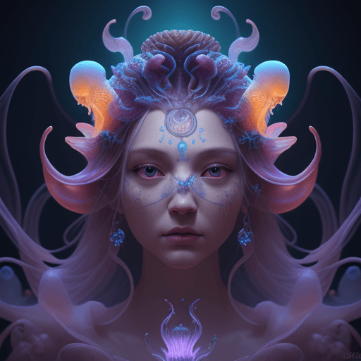 AI generated: Goddess close-up portrait ribcagel. jellyfish phoenix head, nautilus, orchid, skull, betta fish, bio...