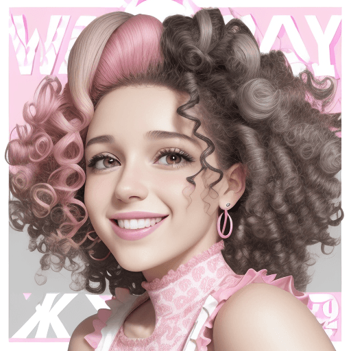 AI generated: woman smiling in pink and white with curly hair, in the style of y2k aesthetic,  Spanish pop culture...