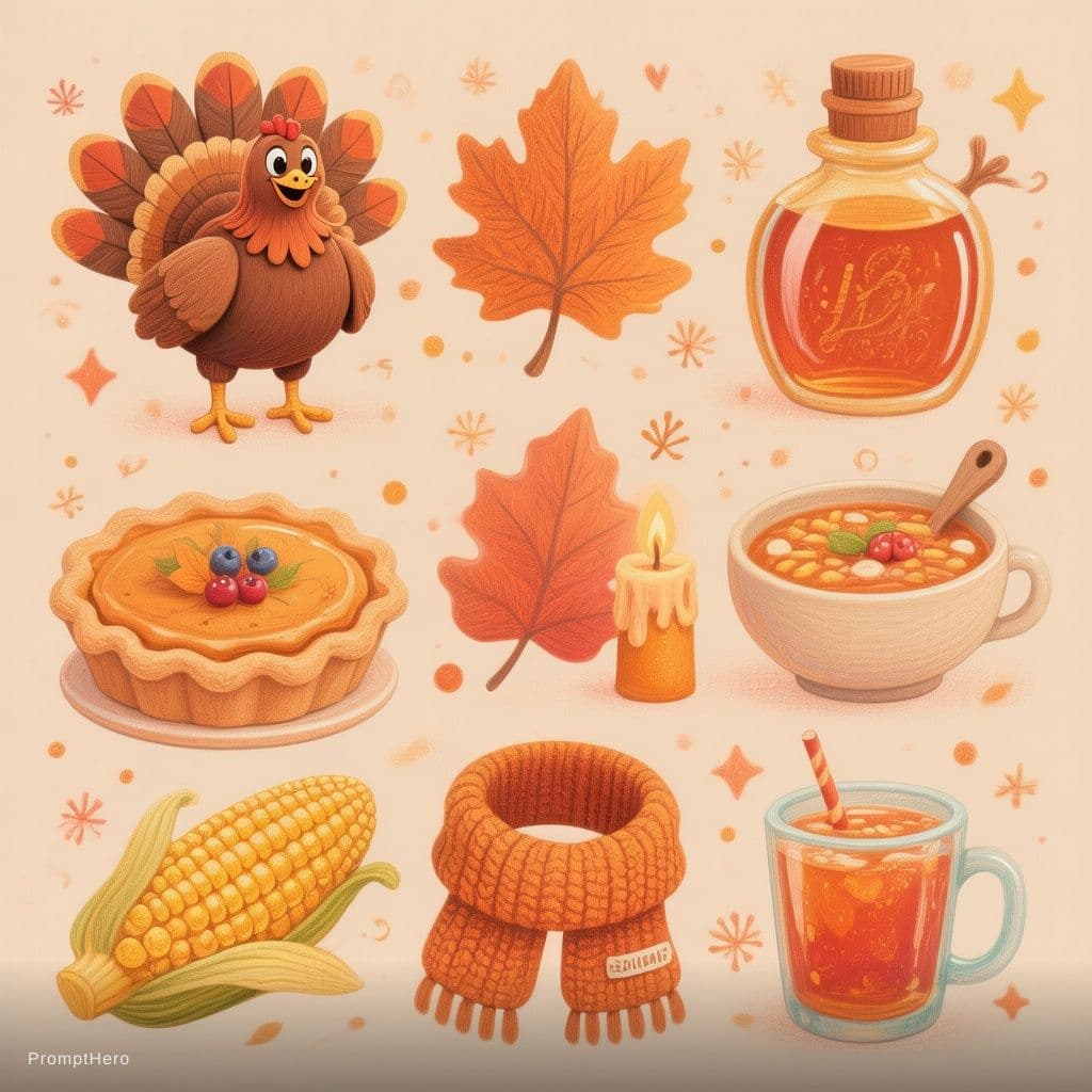 AI generated: “Set of 8–10 cute hand-drawn vector icons featuring Thanksgiving and cozy autumn celebration themes,...