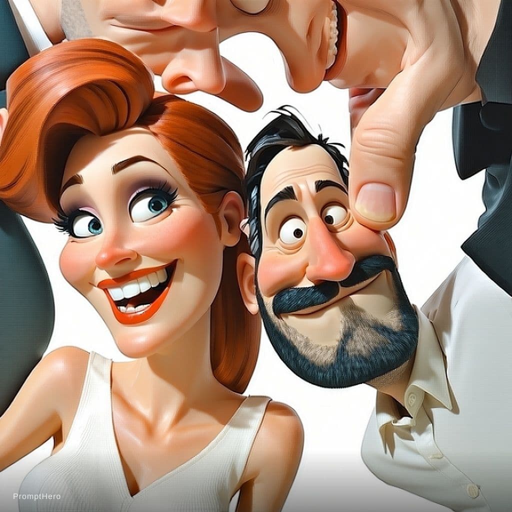 AI generated: funny caricature, adult man and woman (input Image), mid-30's, big cartoonish head, exaggerated cari...