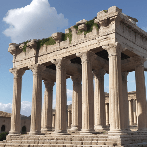 AI generated: Photo of An old roman structure with the roof is resting on three pillars and the pillars rest on 3 ...
