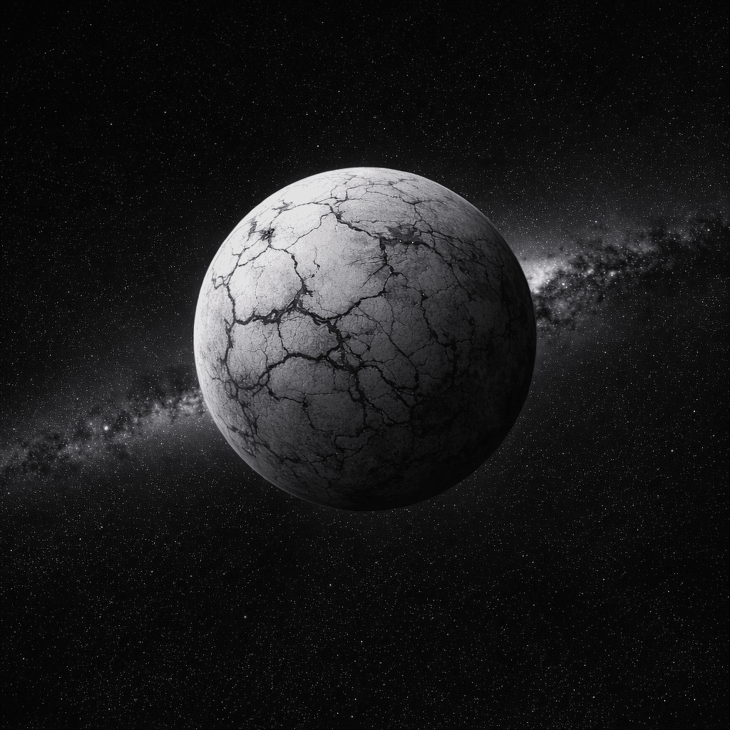 AI generated: A light grey with dark grey patches planet with cracks littering its surface that gives the feeling ...