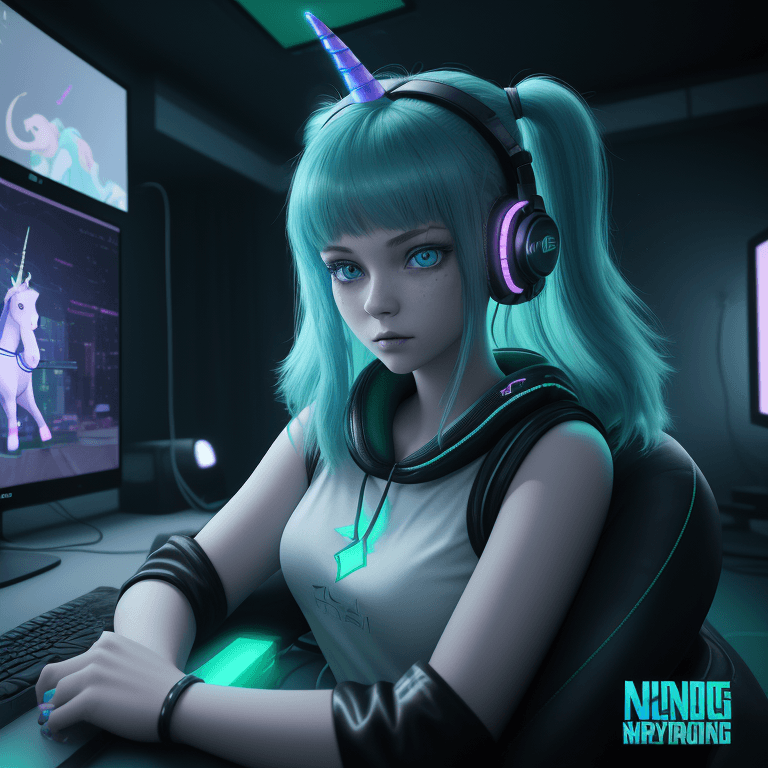 AI generated: Young girl with emerald hair, headphones on her head, blue eyes, flying plush cartoon glowing unicor...