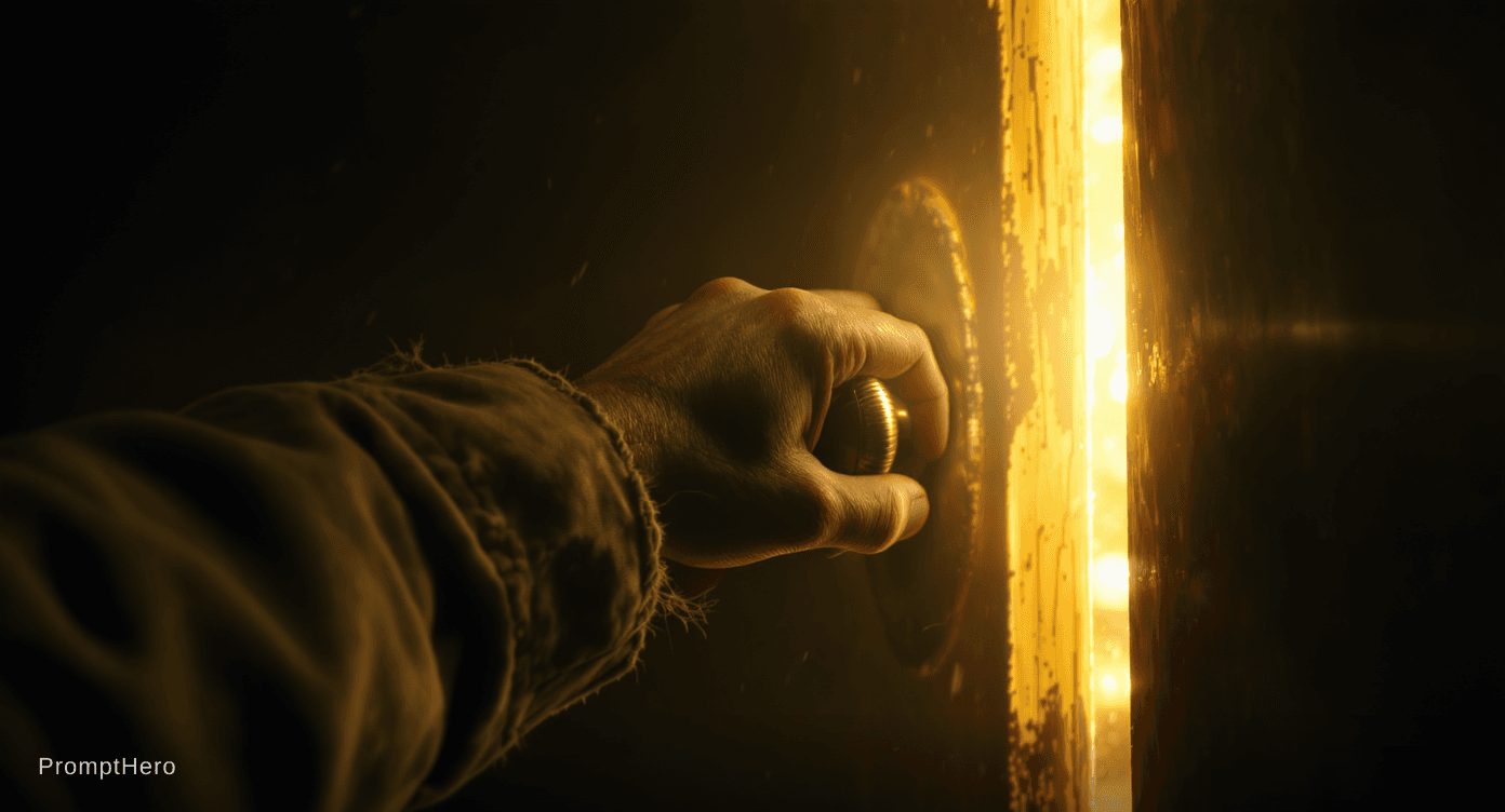 AI generated: A weathered hand in a worn olive-green jacket sleeve grips an antique brass door knob, tarnished wit...