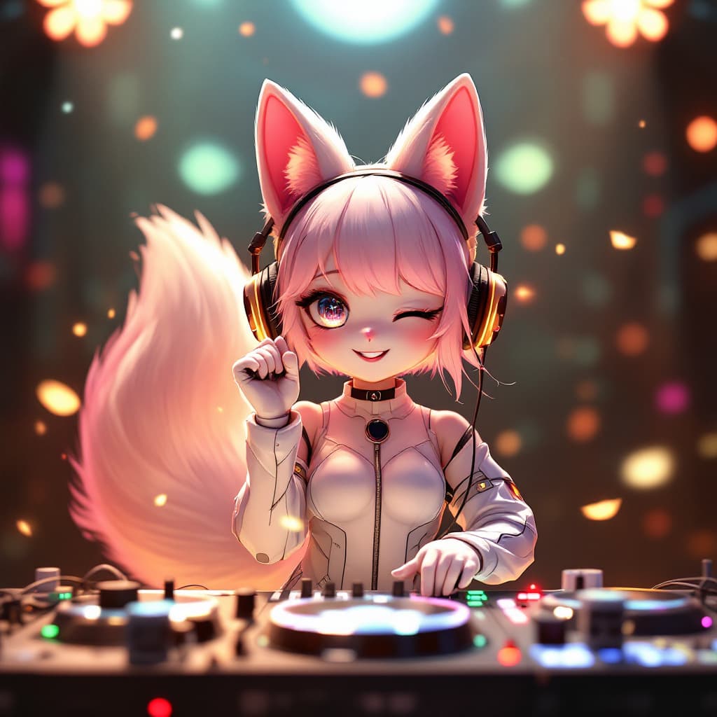 AI generated: No People in the background, white fox dark skin girl, thick tail, cat ears, 20s, DJing, machines ar...