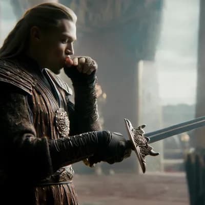 AI generated video: Posing, ready for battle, licking the sword.