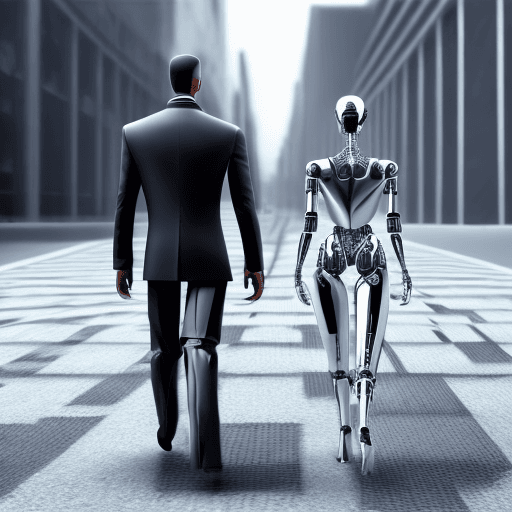AI generated: hyper realistic ,handsome human and   AI robot black and white  color body ,both are walking towards...