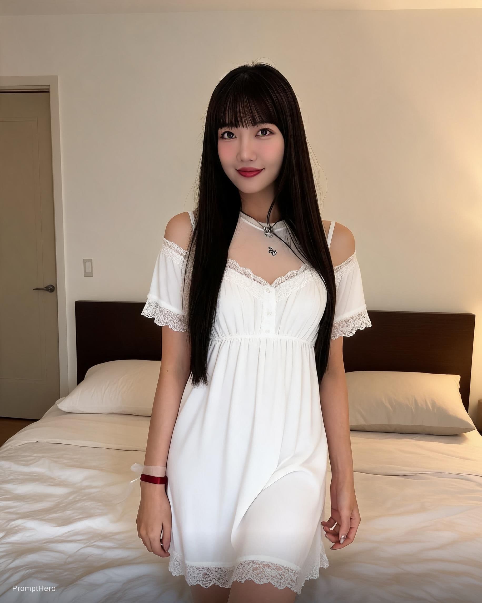 AI generated: girls is dressed in a one piece night gown dress in her bedroom 
