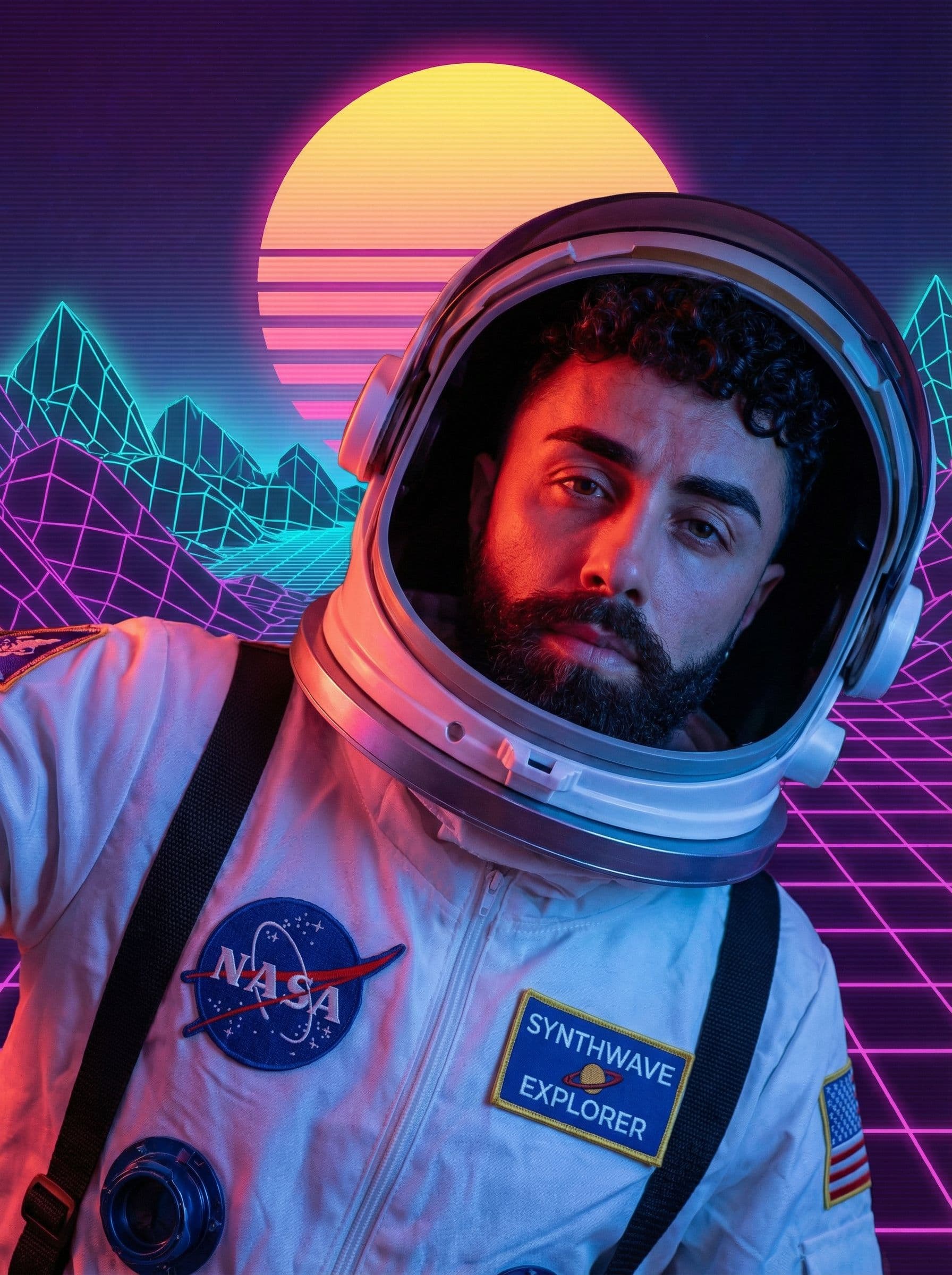 AI generated: Make me an astronaut floating in a vibrant sythwave color scheme atmospheric landscape 