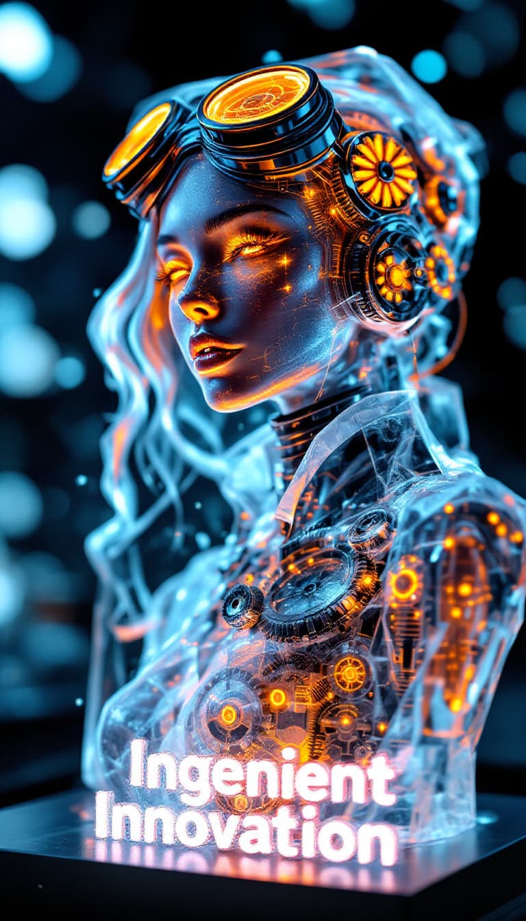 AI generated: Design a card featuring an ice sculpture of a Steampunk Engineer, her transparent figure glowing int...