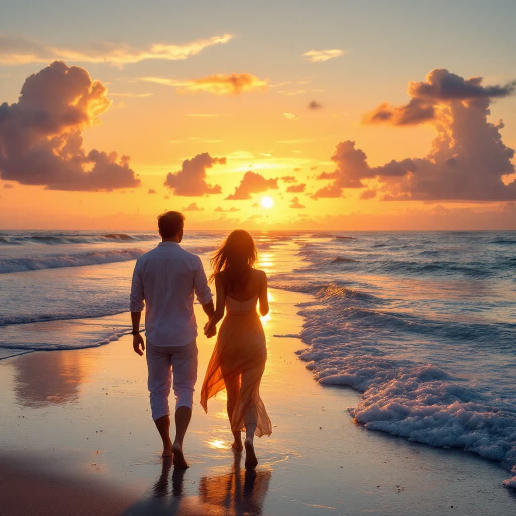 AI generated: Please give me a high quality resolution image of a serene, sunset of a couple taking a walk on the ...