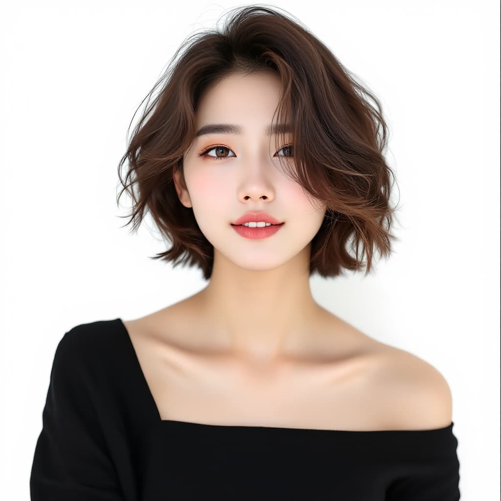 AI generated: Photo of a beautiful Korean man wearing a black off-the-shoulder top with a cute hairstyle against a...