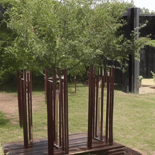 AI generated: design an orchard made with iron and wood pots with a futuristic style