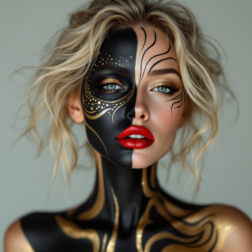 AI generated: An image of a woman with a hyperrealistic style, showcasing an elaborate body paint design. The skin...