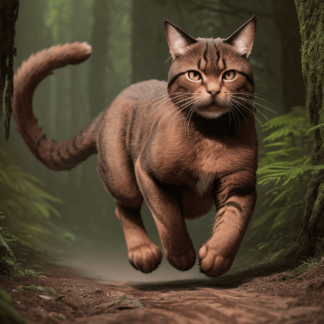 AI generated: frontal view of a nice, wise, giant brown cat running in a prehistoric forest, looking down, frontal...