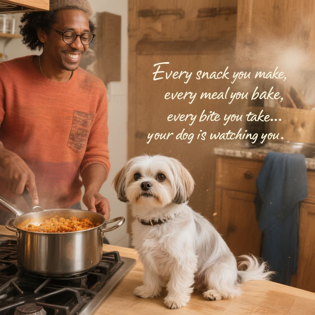 AI generated: A Maltese dog sitting in the kitchen watching its dark-brown-skinned owner cooking with the text "Ev...